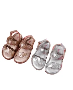 New Arrival Luxury Design Tpr Pu Material Girl Shoes Shimmer Fabric Buckle Cork Jelly Non slip Flat Children's Sandals