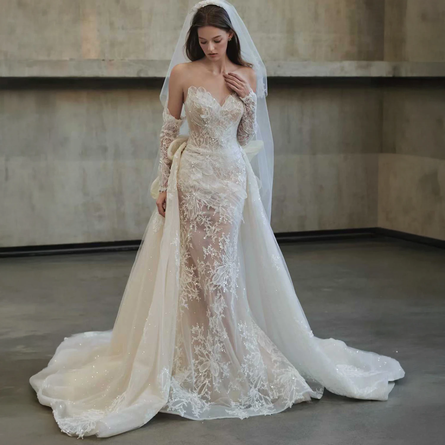 chinese dress ladies Off-Shoulder Mermaid Wedding Dress with 3D Floral Appliqué Nude / 12