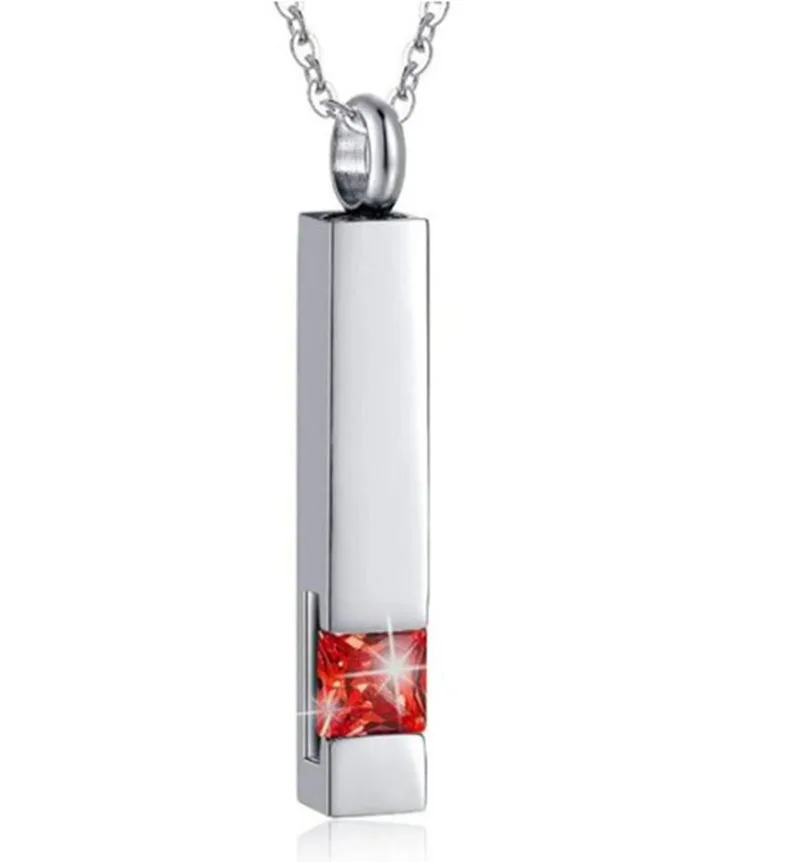 Unisex Stainless Steel Vertical Cubic Bar Container Urn Memorial Pendant Necklace Keepsake 12 color Crystal Cremation Jewelry