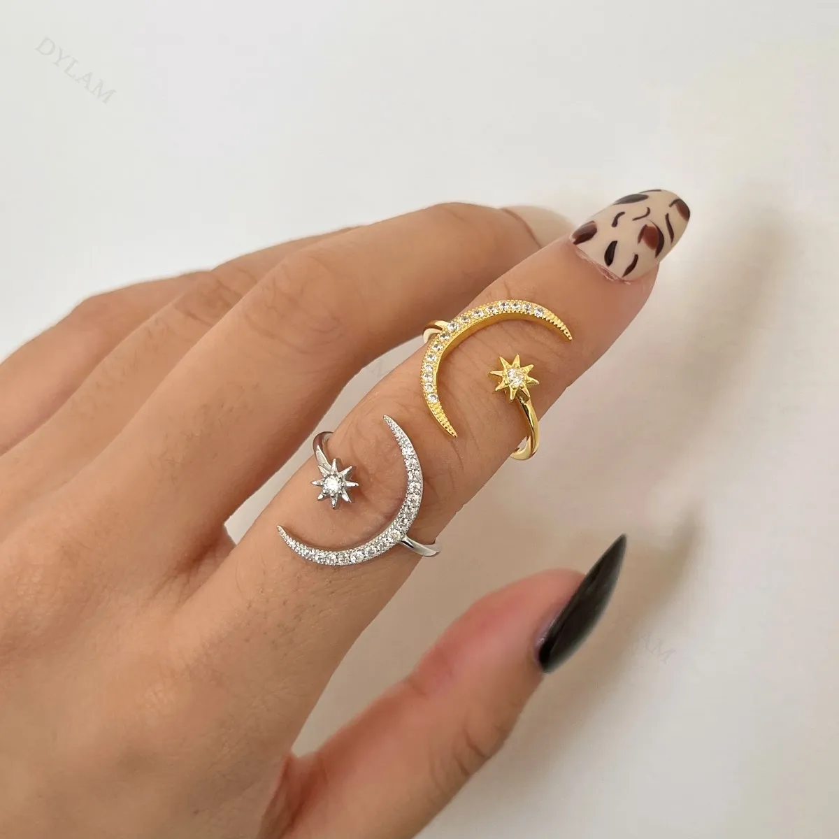 KAKODIY Fashion Design 925 Sterling Silver Jewelry Gold Plated Moon Star Ring Open Adjustable Thin Ring detail 4