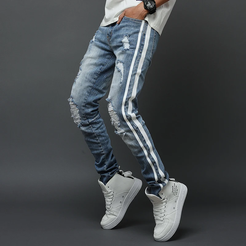 Oem джинсовые дизайнерские Оптовые Аутентичные мужские обтягивающие рваные Необычные небрендовые байкерские джинсы