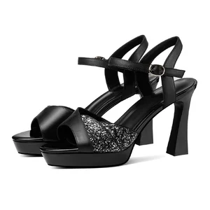 Elegant Glitter Platform Sandals with Ankle Strap Open Toe Chunky Heel Party Shoes for Women Adjustable Ankle Buckle