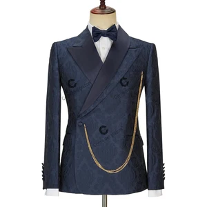 Cenne Des Graoom New Men Suits Lapel Blue Jacquard Floral Tailor-Made Tuxedo 2 Pieces Wedding Party Dinner Terno Masculino
