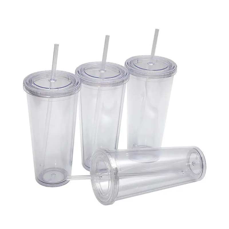 Clear Insulated Plastic Tumbler Cups Double Wall Tumbler 12 Oz 16 Oz  Acrylic Insulated Tumbler Cups With Lid and Reusable Straw