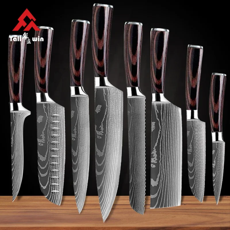 Stainless Steel Damascus Pattern Chef Knife Laser Pattern Kitchen