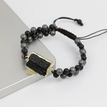 LS-D1207 Wholesale black tourmaline stone charms with black matt agate beads and matt hematite beads macrame bracelet