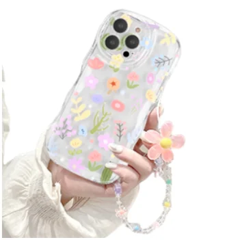 Laudtec Colorful Flower Curly Wave Clear Case For iPhone 15 pro max Lovely Bracelet Chain Soft TPU Shockproof Protective Case