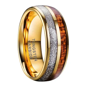 Coolstyle Jewelry 8mm Natural Wood Imitated Meteorite Inlay Gold Tungsten Ring for Men Women Fashion Engagement Wedding Band