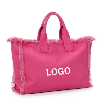 Tassel fringe large canvas bags customize logo summer beach bags for women 2024 women tote bag