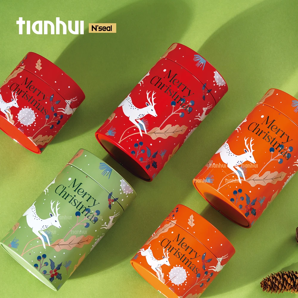 Wadah Timah Bulat Kedap Udara Buatan Khusus Tianhui untuk Kaleng Hadiah Natal