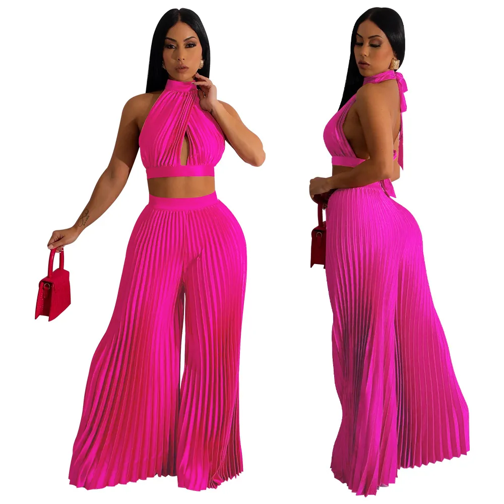 Wholesale Solid Color Crop Top & Trousers Two Pieces Pants Set Women
