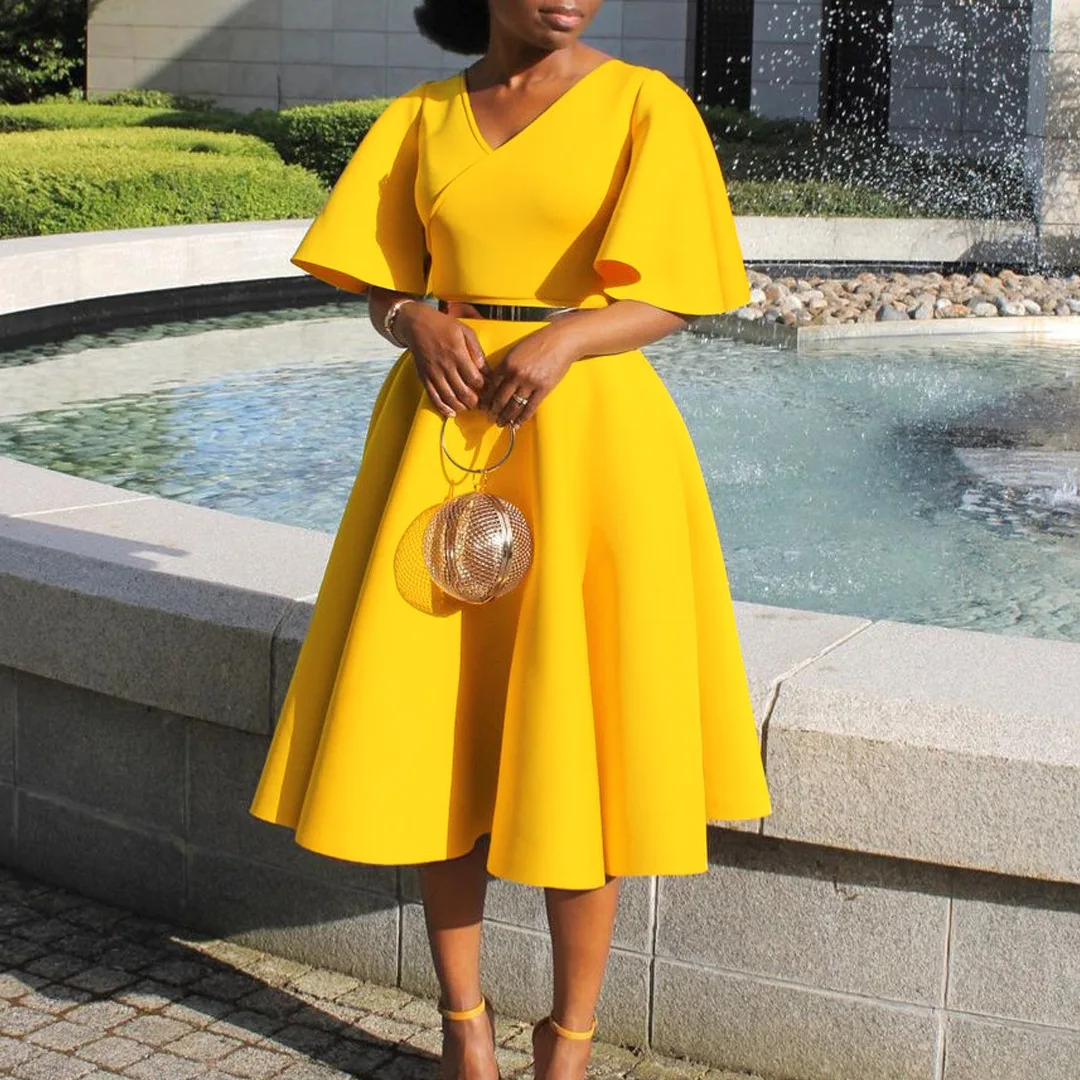 2025 Summer Dress Fashion V-neck Charm Horn Sleeve Large Skirt Evening  Dress Women's Dress
