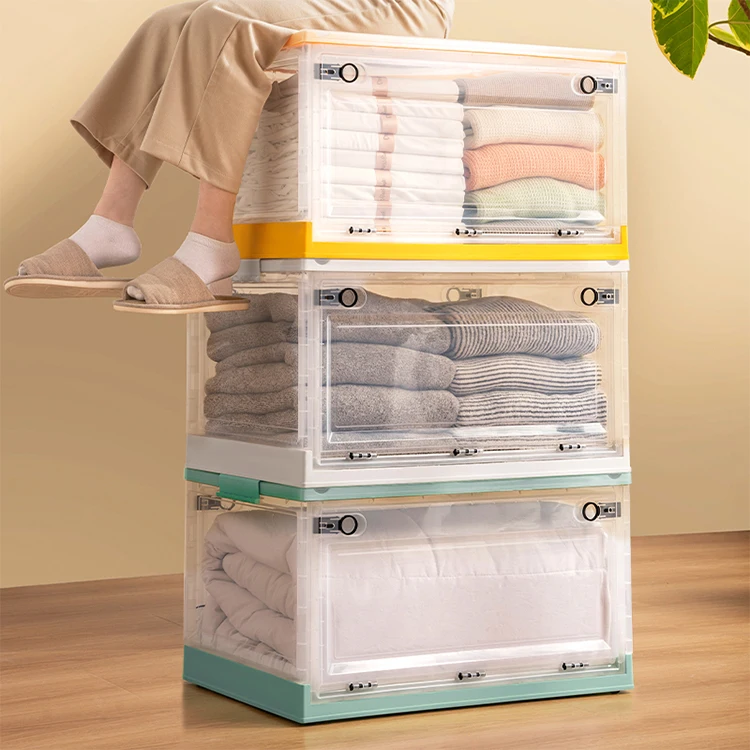 Factory Stock 28L Plastic Stackable Folding Storage Box with Double Door and Lids Large Capacity Containers Bins Baskets
