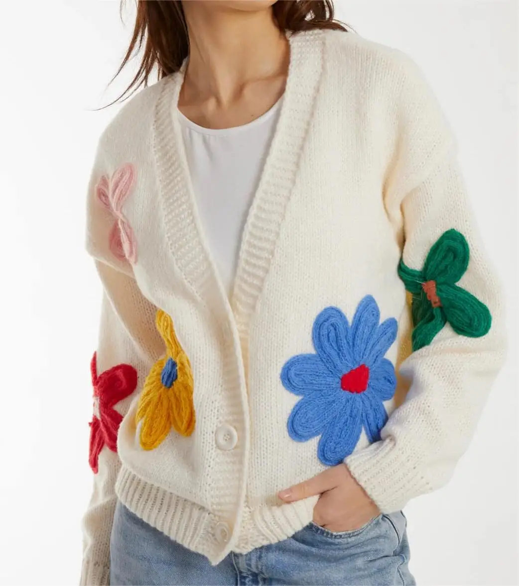 2025 Bordado Personalizado Floral 3D Flor Manga Longa Handmade Cardigan Top  Casaco Mão De Malha Senhoras Camisola De Crochet para As Mulheres