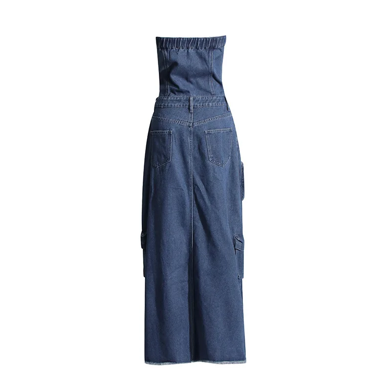 Hotselling Women's Dress Trendy Tube Top Waist Stretch Midi Cargo Pants Jean Dress Denim Dresses Women