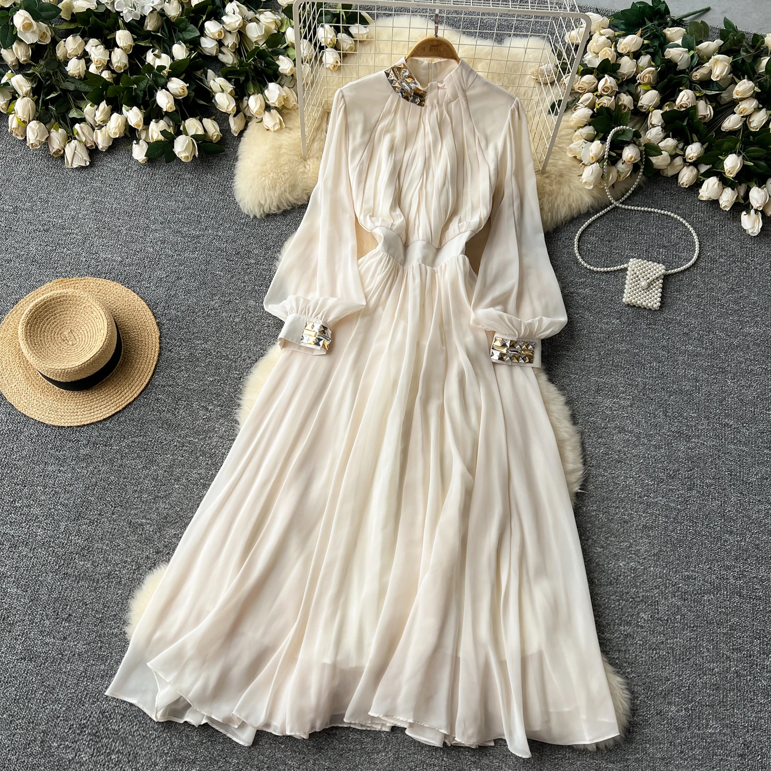 LE2579 Women Boutique Pleated Elegant Party Dresses Female Diamond-Embedded  Lantern Long Sleeve Chiffon Evening Gown Women Dress