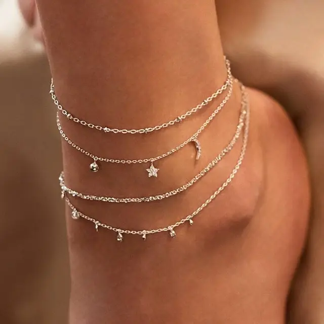 VKME Bohemia Newest Gold Multilayer Chain Anklets for Women Beach Barefoot Butterfly Cross Pendant Charm Anklets Jewelry