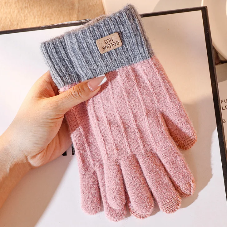 Зимние женские варежки, акриловые шерстяные вязаные перчатки с пятью пальцами для вождения сенсорных экранов