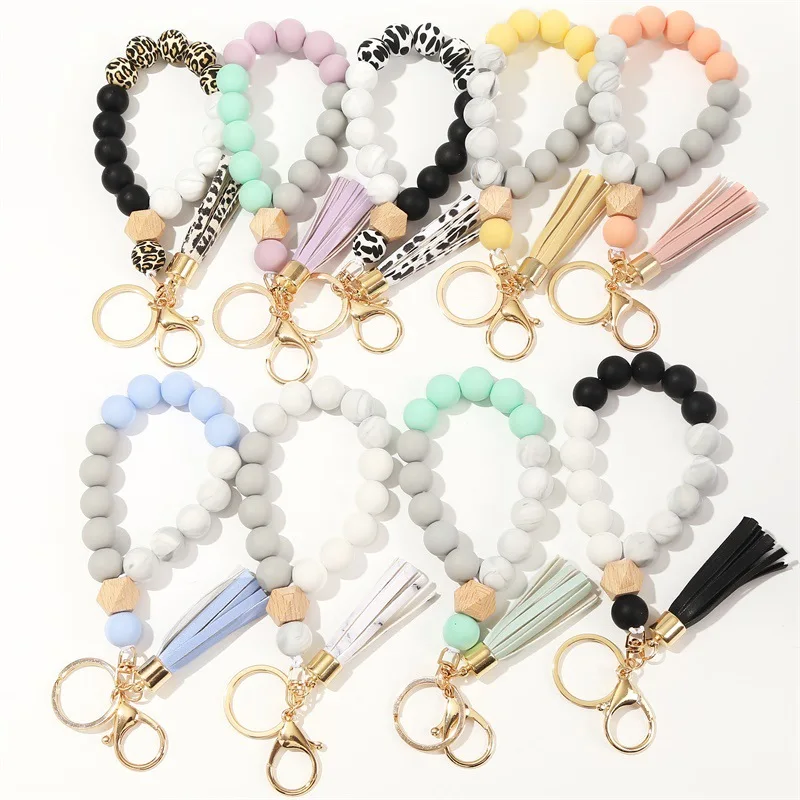 Wrist Key Chain with Beads Silicone Wrist Key Ring Bracelet
