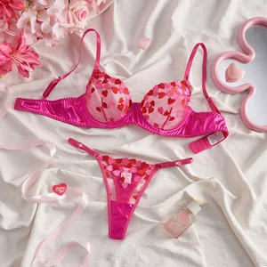 BOON Valentine's Day Sexy Lingerie Set Machine Embroidery Heart Design Spandex/Polyester Blend Breathable Sheer Bust-Lifting