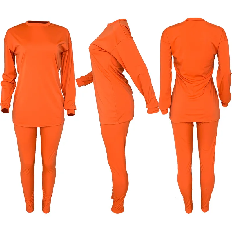 Женский однотонный комплект из двух предметов, Топ с длинным рукавом и круглым вырезом, леггинсы, осень 2021