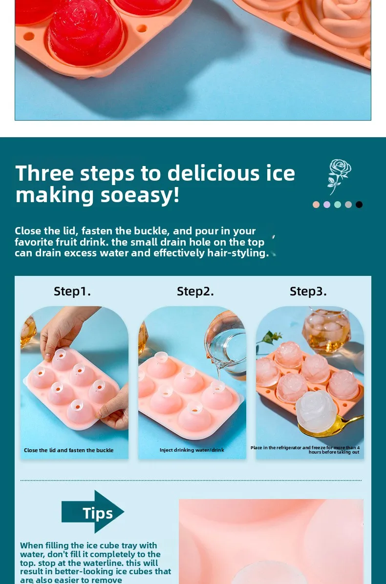 Food Grade Silicone 6 Grid Rose Ice Grid Leak-Proof Whiskey Ice Mold with Buckle Ice Cream Tools manufacture