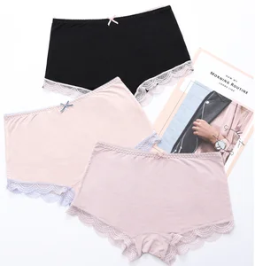 KK073 Factory Wholesale Women's Modal Cotton Mid-waist Boyshorts Boxer Briefs Lace Underwear Romantic Solid Knitted