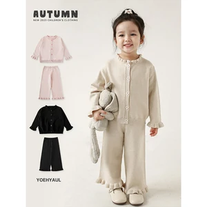 YOEHYAUL Knitted Toddler Blank Sweater Pants Set Knitwear Little Girls Outfit Set Two Piece Children's Clothes Girl Set