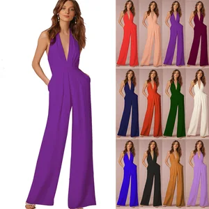 Custom Sexy Backless Jumpsuits Romper Women Long V-neck Sleeveless Bodycon Jumpsuit Party Elegant Wide Leg Pant Body Femme