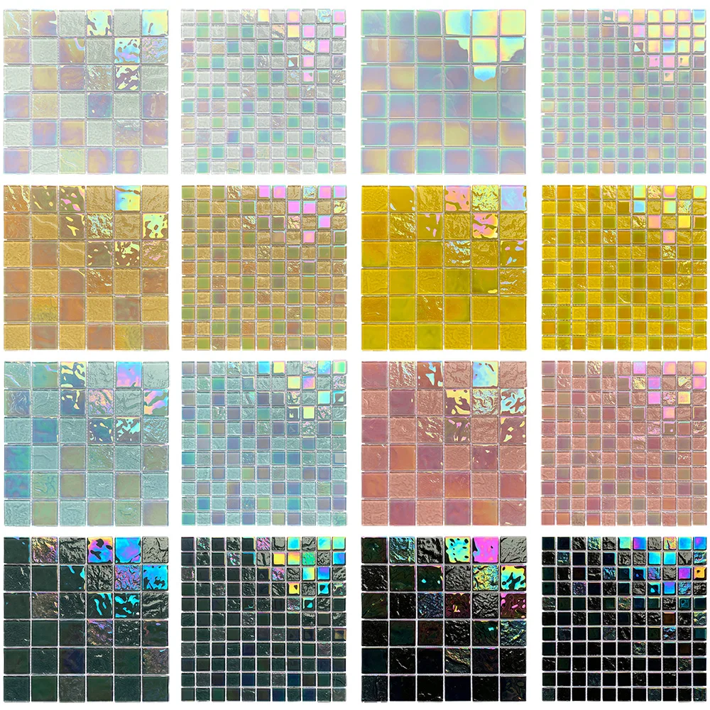 Cheap wholesale green white pink blue iridescent crystal glass swimming pool mosaic tile use for Bathroom outdoor floor and wall factory