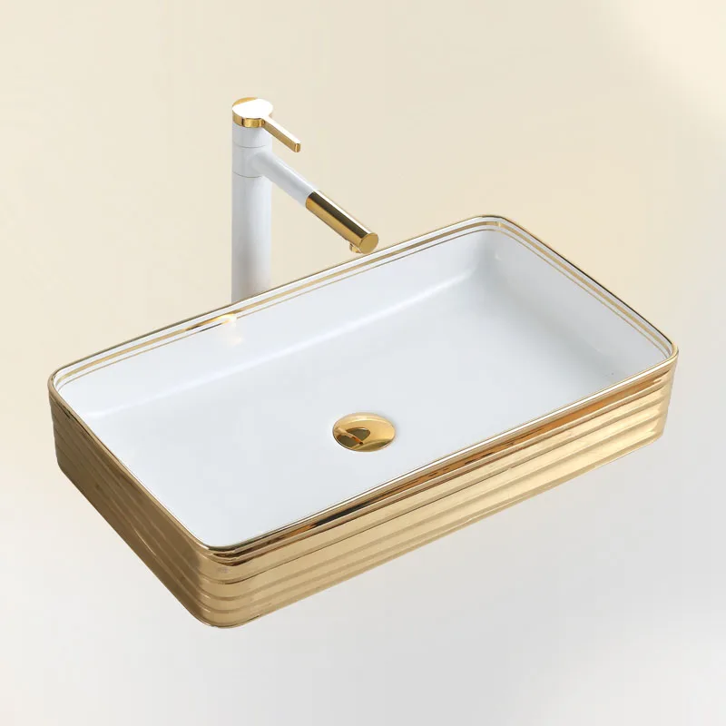 Gold Rim Emboss Wash Basin Ceramic Sanitary Ware Bathroom Table Top Art Vessel Sink For Hotel