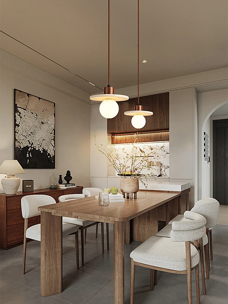 Natural Travertine Pendant Light Modern Wabi Sabi Stone Hanging Lamp Minimalist Dining Room Chandelier Wooden Accent Lighting