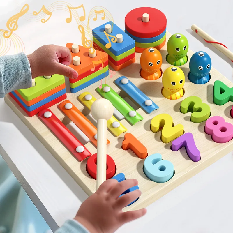 Jouets Pour Enfants Fishing Set Column Building Block Xylophone Percussion Musical Wood Montessori Educational Toys for Kids
