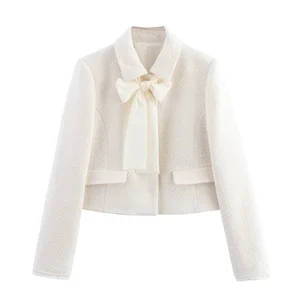 Customize Beige Casual Fashion Blazer Jacket Long Sleeve Turn Collar Bow Tie Single Breasted Solid Pattern Woven Button