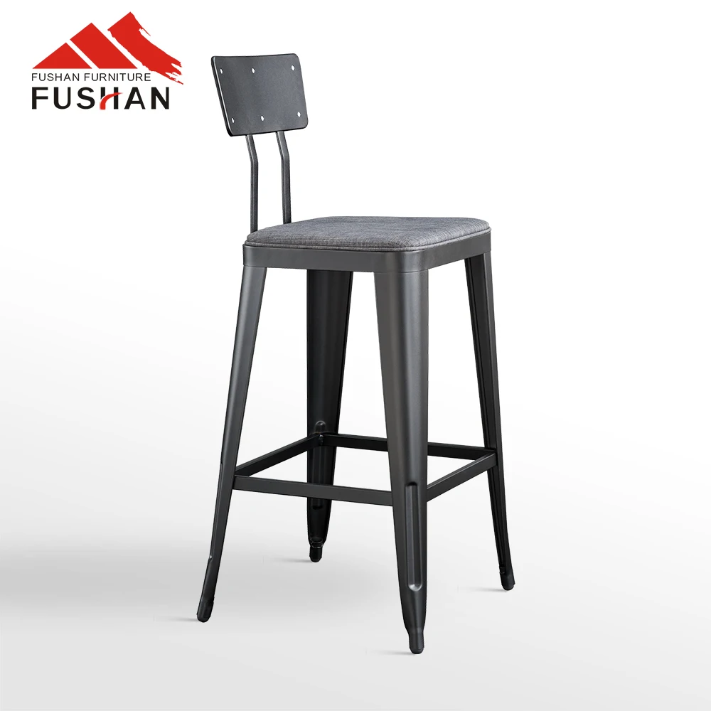 Fushan Furniture Dark Grey Wood Grain Metal Bar High Chair Stool For Restaurant