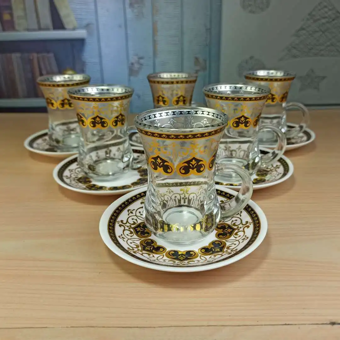 Arabic Coffee Set Gold Drawing Tea Mug Glass Cup and Saucer Set Ethiopian Coffee Cup Set