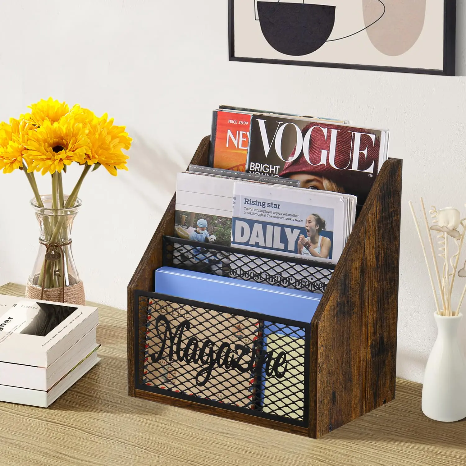 3-Layer Stepped Wood Magazine Rack Bookcase & Bookshelf Folder & Book Storage Desk Organizer for Living Room & Office