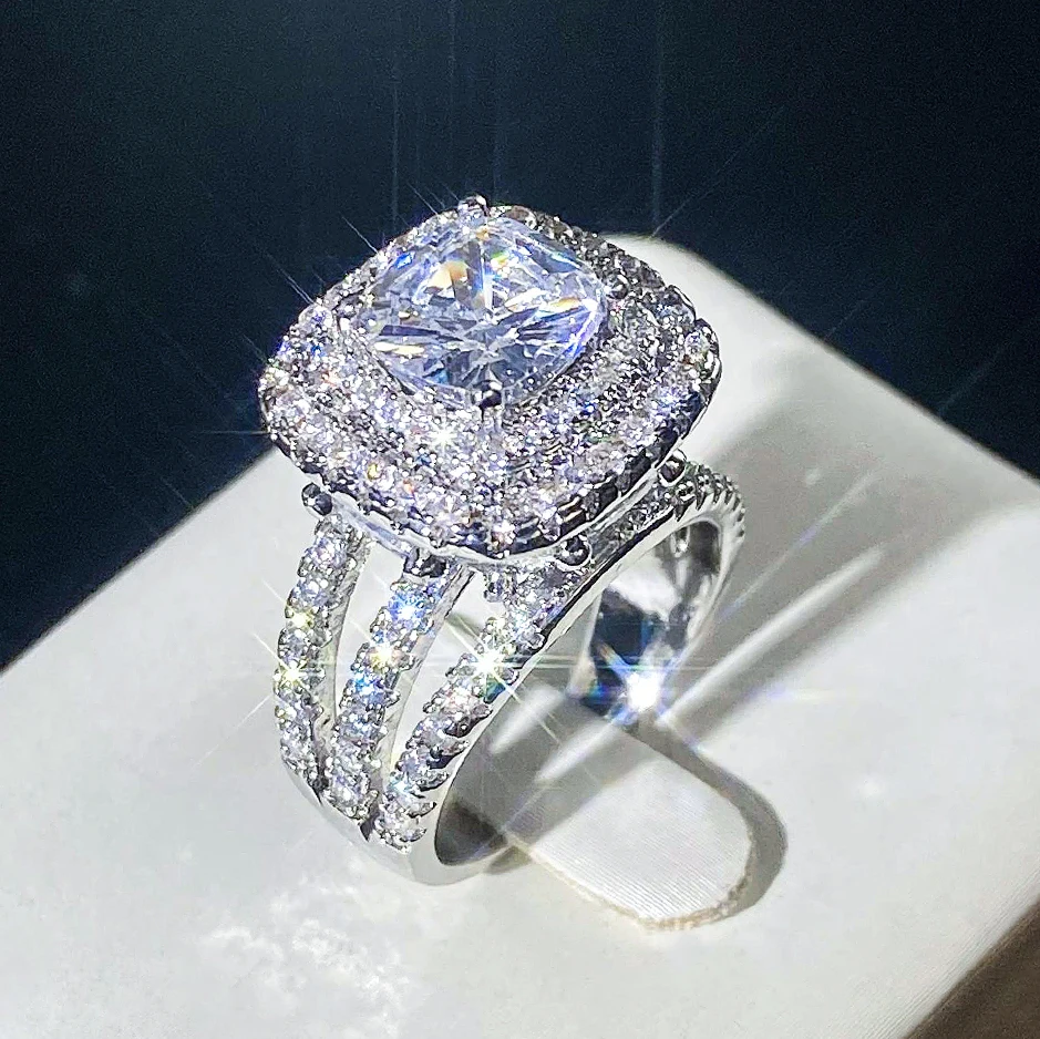 CAOSHI Vintage Big White Zircon Rings Silver Plate Full Stone Cubic  Zirconia Party Gemstone Wedding Finger Rings Female