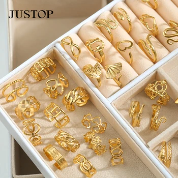 New Stainless Steel Jewelry Rings For Women 18k Gold Plated Link Chain Geometric Twisted Wide Band Open Adjustable Rings