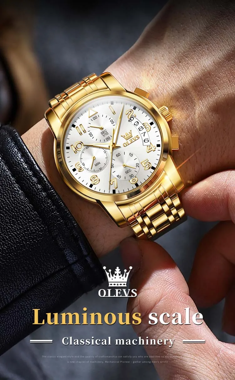 OLEVS 2879 Elegant Man Quartz Watch Stainless Steel Strap Water Resistant  Small Dials Luminous Chronograph Business Wrist Watch