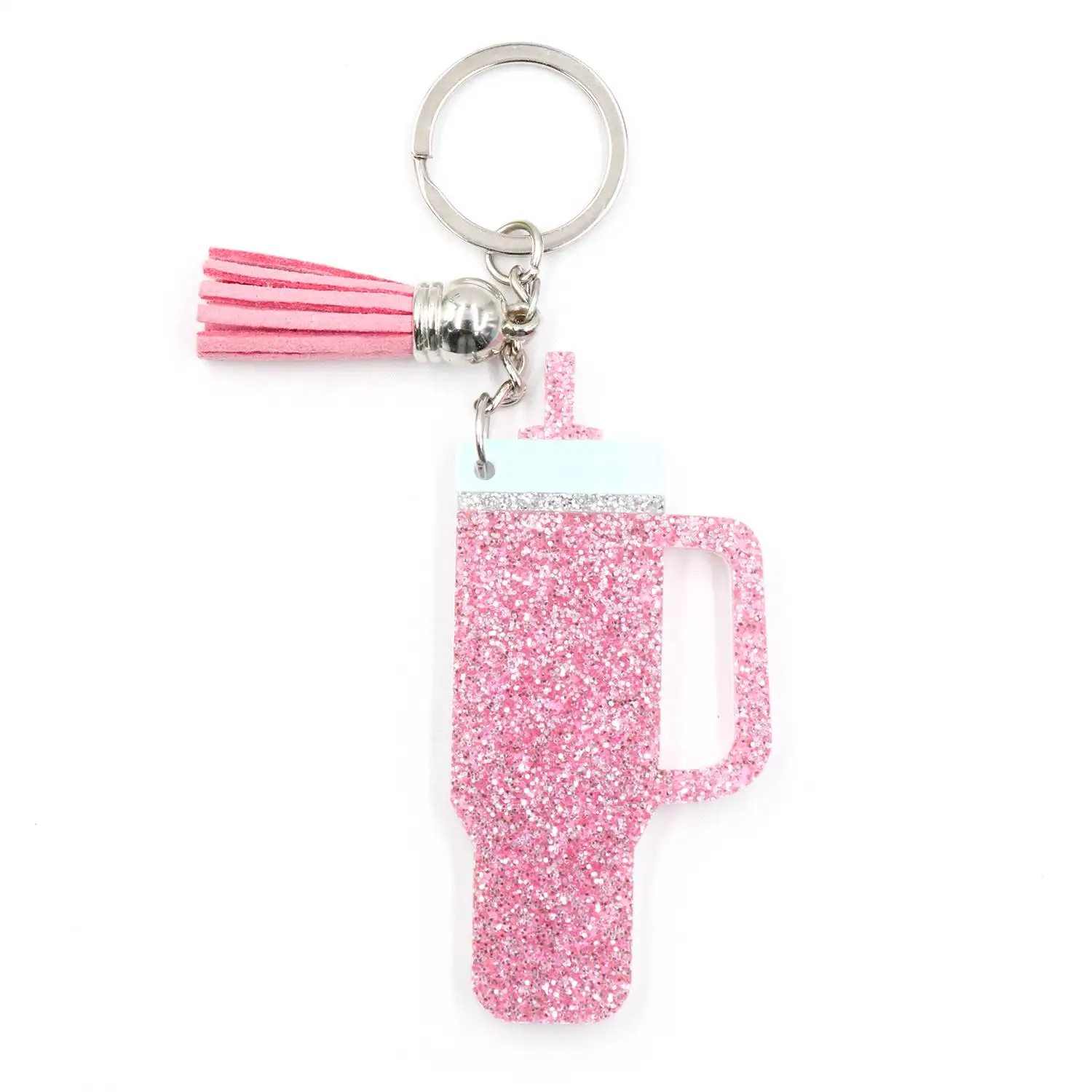 KH1345 Handmade Girl's Pink Shiny Acrylic Tumbling Cup Keychain with Long Chain UV Printed Gift Keychain