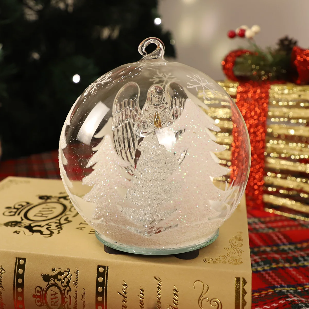 Hot selling decoration clear glass dome with Led lights Christmas LED round dome flower display with wood base