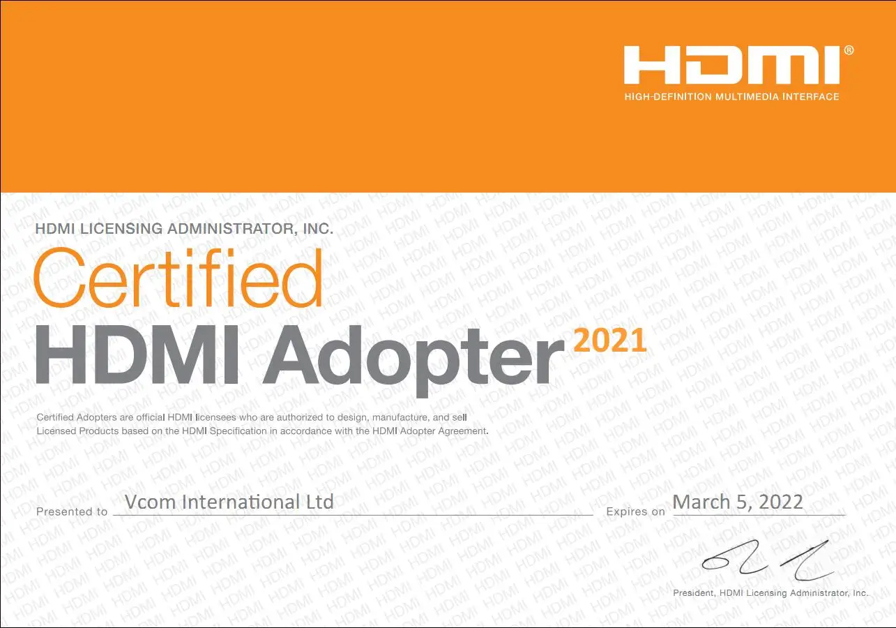 VCOM_HDMI Certificate_2021