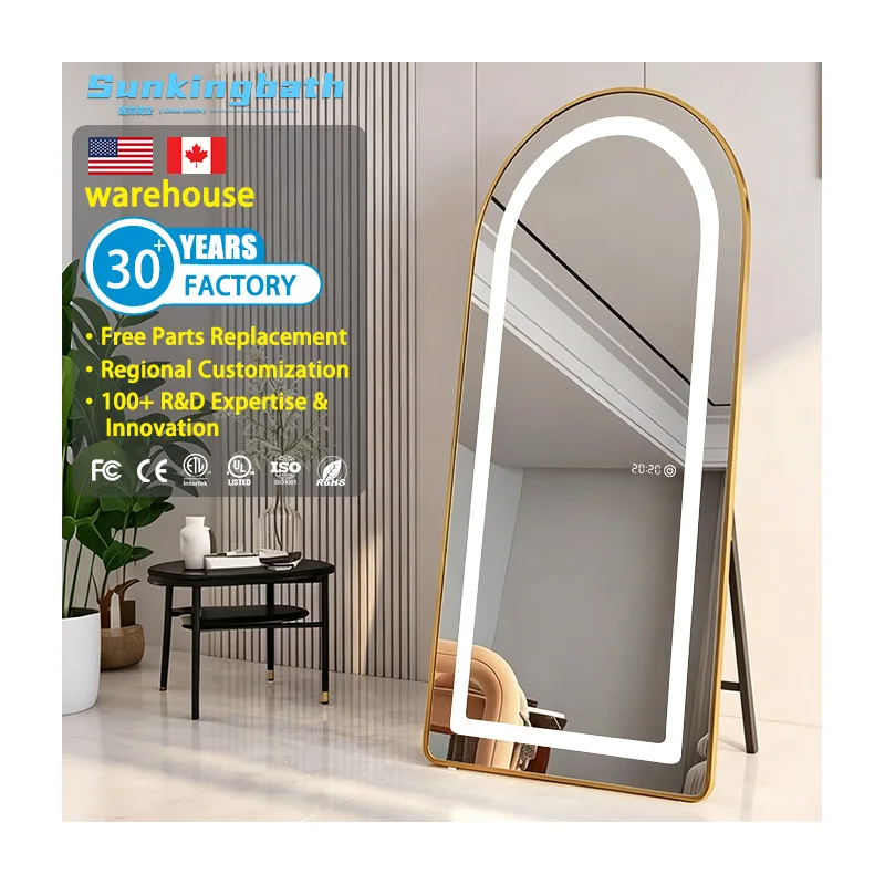 Best Selling Customized Size Led Mirror Smart Full-length Mirror Arched Gold Metal Frame Floor Mirror for Home Hotel Decor
