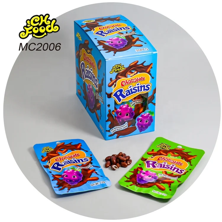 OEM Chocolate Raisins Wholesale Crispy Chocolate Coated Milk Soft Candy Raisins Center Filling Sweets Snack Food Halal