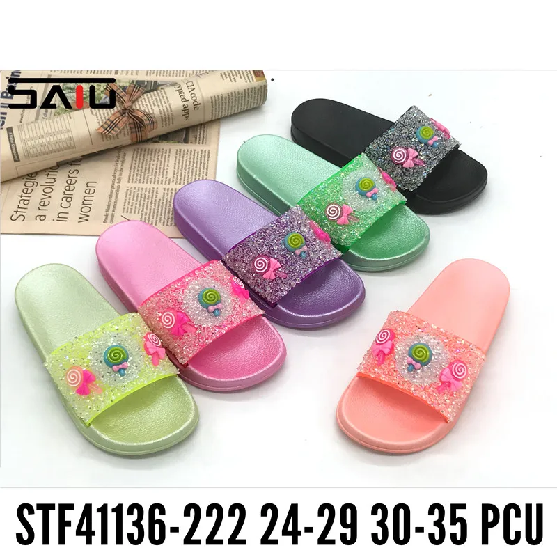 Симпатичные удобные детские тапочки слайды сандалии с кристаллами конфетного цвета