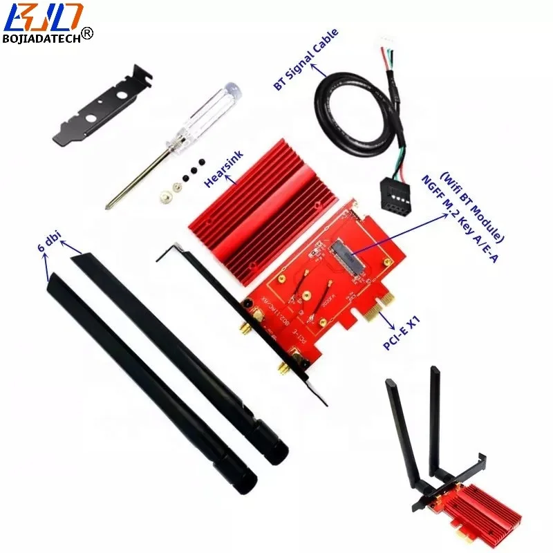Адаптер Wi-Fi BT PCIe M.2 NGFF на PCI-E 1X беспроводной адаптер с 2 антеннами 6 дБи для Intel AX210 AX200 без