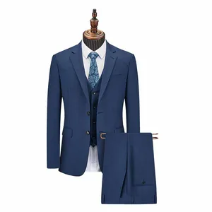 Huiju Qida Men's Two-Piece Business Suit Navy Blue Classic Solid Design Single Breasted Closure V-Neck Collar Breathable