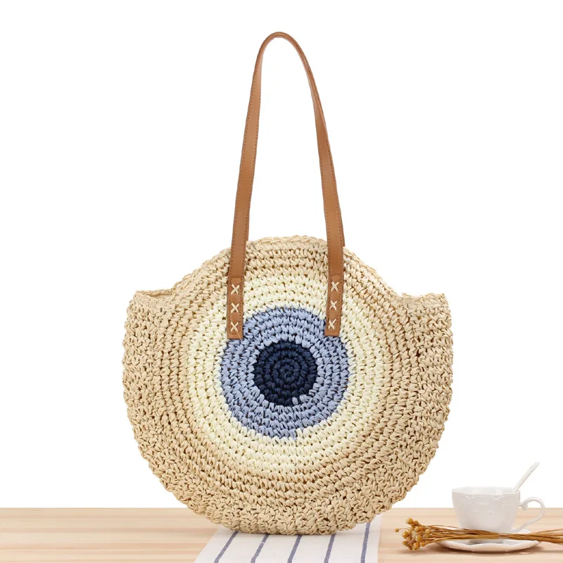 2023 Wholesale Round Ladies Straw Shoulder Handbag Palm Rattan
