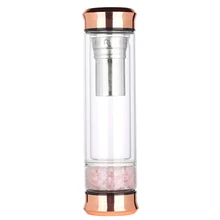 Loose Leaf Tea Infuser Crystal Water Bottle Double Wall Glass For Hot And Cold Drinks with Rose Quartz Amethyst Chakra Stone
